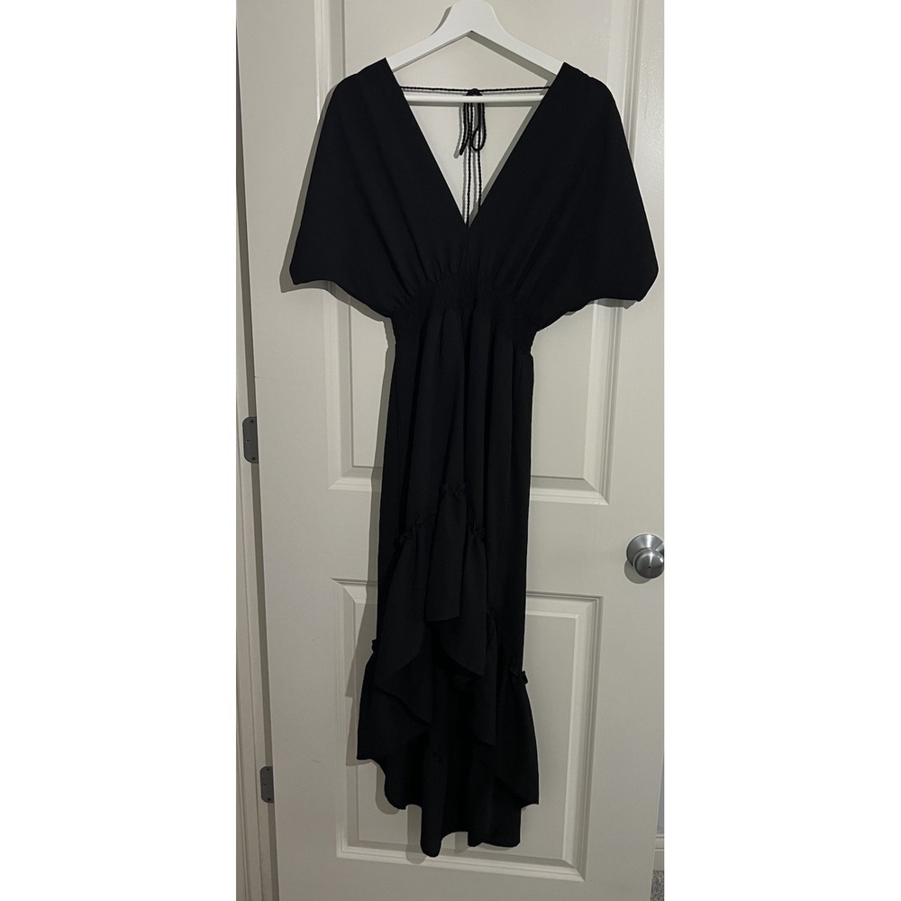 NWOT Women's Flying Tomato Black V Neck Hi-Lo Dress Size S Ruffle